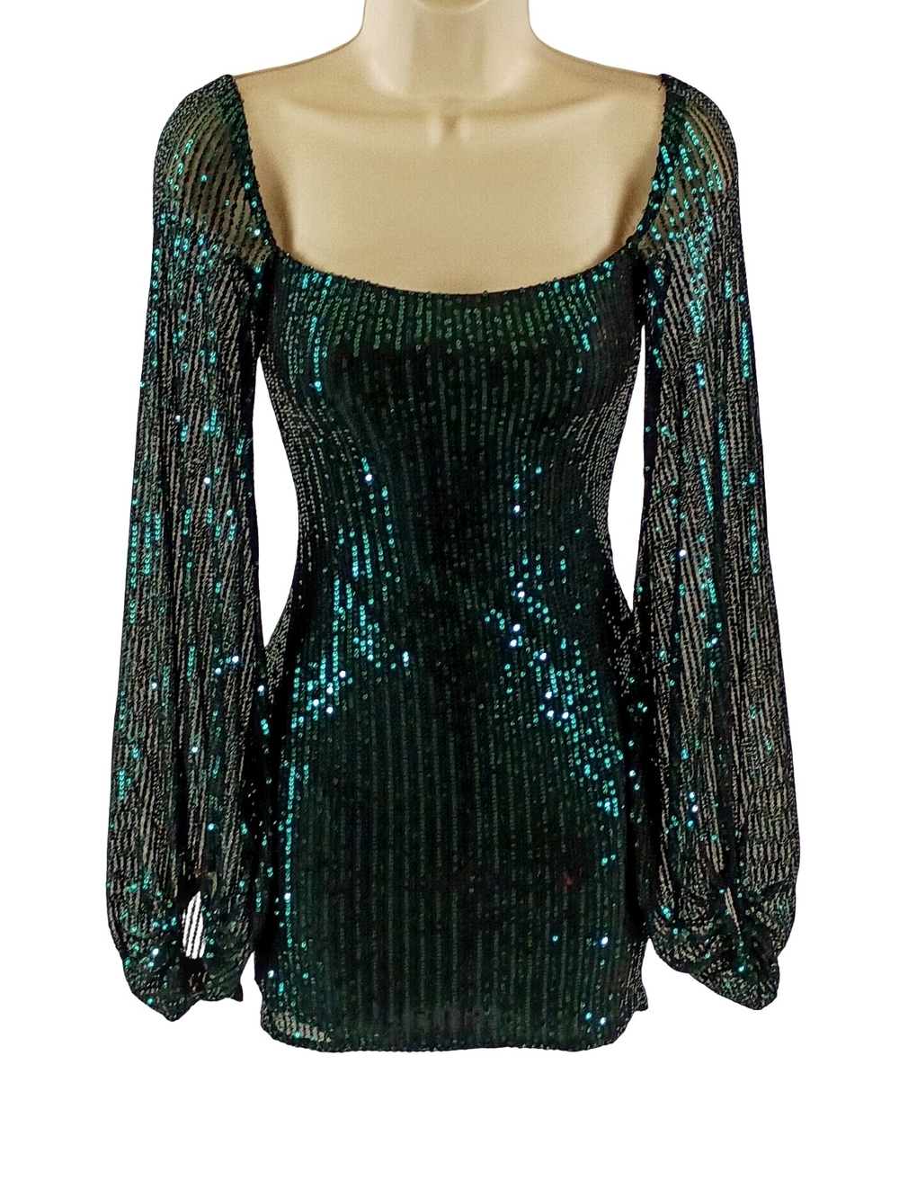 Emerald Sequin Long-Sleeve Mini Dress